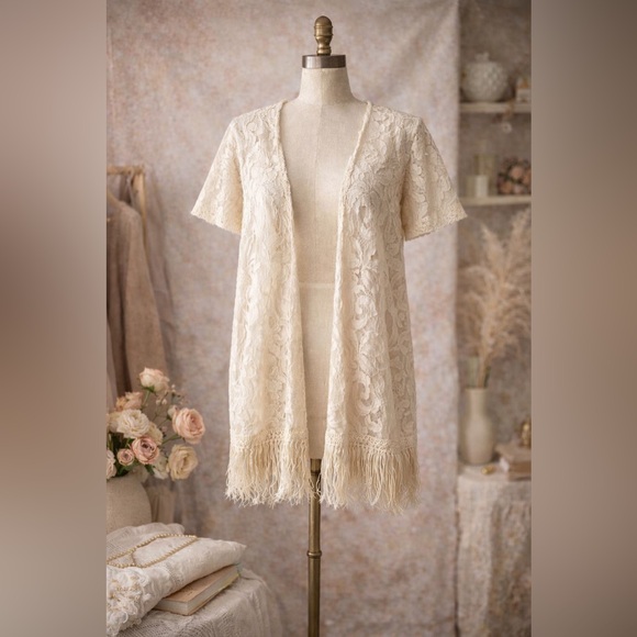 Daytrip Sweaters - Daytrip Anthropologie Lace Fringe Kimono Cardigan XL Boho Festival